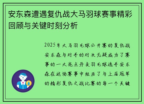 安东森遭遇复仇战大马羽球赛事精彩回顾与关键时刻分析