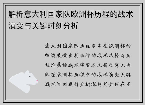 解析意大利国家队欧洲杯历程的战术演变与关键时刻分析